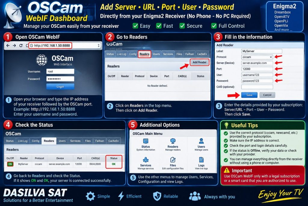 طريقة إضافة OSCam على جهاز Enigma2 بدون هاتف أو كمبيوتر | شرح مباشر من الرسيفر